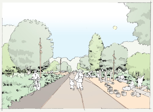 This image: a sketch showing how the disused railway could be reimagined as a new
active travel route, with cyclists and pedestrians surrounded by trees and natural landscaping.
The map in this chapter highlights potential active travel routes around and through the town. There are interactive map markers which show illustrative
photographs and sketches of how these areas could look. The sketches are overlaid with aerial images showing current site conditions for comparison.